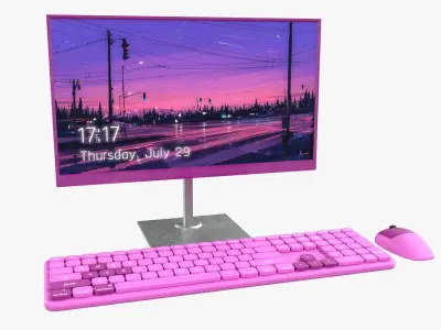 Wireles Computer Set Keyboard Mouse Monitor Baby Pink Version 3D model