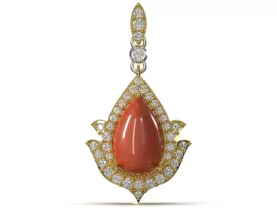 Coral Cabochon and Diamond Teardrop Pendant model jp0379 3D print model