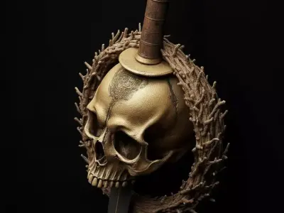 Golden Skull Dagger Wall Mount Dark Fantasy Decorative Sculpture Low-poly 3D model