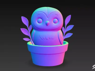 Owl in Flower Pot Low-poly 3D model