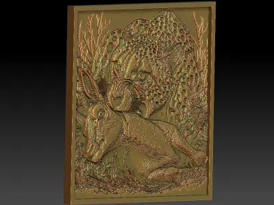 1 leopard hunting deer CNC Relief 3D print model