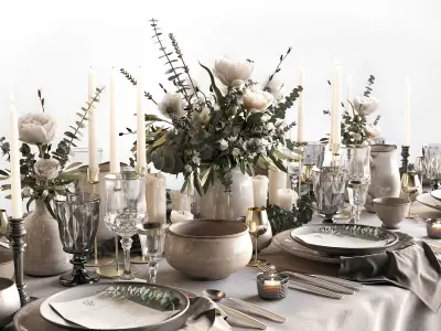 Tableware Set 2 table with silverware and flowers 3D model