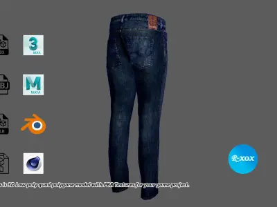 Low-poly Jeans2 or Denim Pant 3D Model for game with PBR Texture Low-poly 3D model