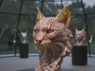 Luxury Pink Marble Cat Head Sculpture Gold Decor Piece Low-poly 3D model
