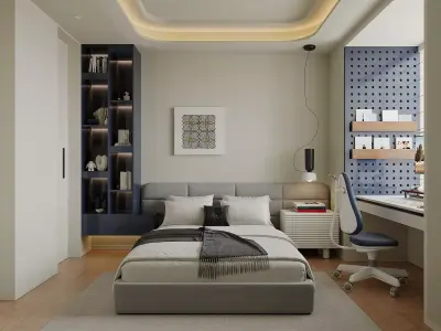 Modern living room dining room and bedroom interior scene 3D model