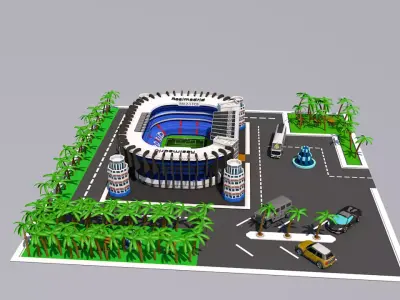 low poly city football stadium with palm trees Low-poly 3D model