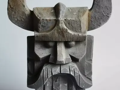 Stone Tiki Statue 3D Ancient Tribal Mask Horns Beard Low-poly 3D model