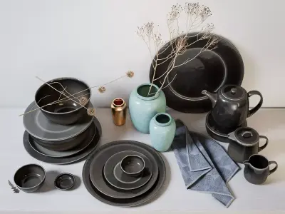 Decoration set of dinnerware on table Low-poly 3D model
