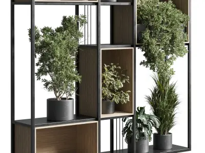 Standing metal shelf with a set 384 of plants in metal boxes Low-poly 3D model