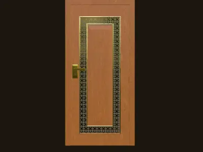 Ornamental Wooden Door with Golden Frame and Patterned Glass 3D model