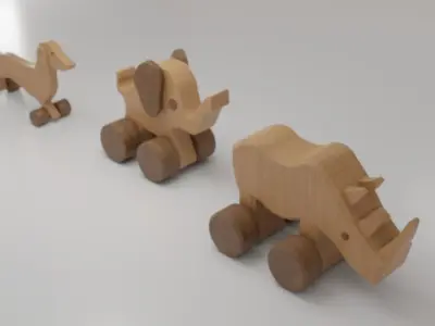 Wooden Animals Toys Collection Wheeled Dog Rhino Elephant Low-poly 3D model