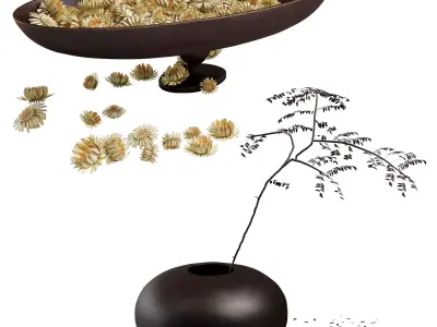 Decorative set Audo Pavot vases acacia branch and driad flowers 3D Model Collection