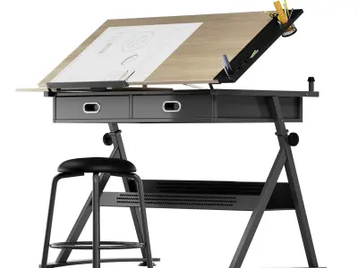 Reclining drawing table with gift chair Low-poly 3D model