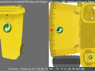 Yellow Plastic Waste Bin 60 Liters 945x360x448 Low-poly 3D model