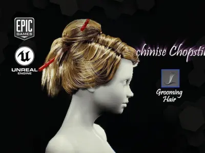 chinise Chopstik HairStyle Groom For UE4 Low-poly 3D model