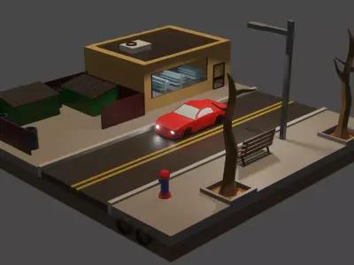 Low Poly street city with car on Low-poly 3D model