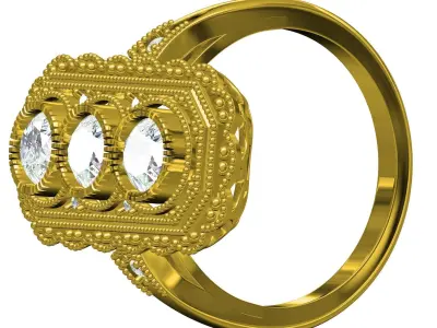 Three Diamond Art Deco Ring 3D print model