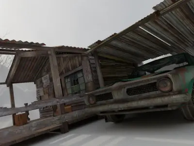 Shanty Wooden House and Shanty Garage with Car 3D model