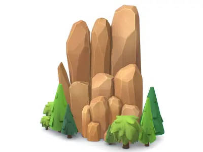 Cartoon Stone Cllff and Green Trees Low-poly 3D model