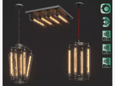 Industrial Steampunk Ceiling Loft Lamps Pack 3D model