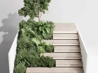 Entrance and exit stairs with furniture and garden 03 3D model