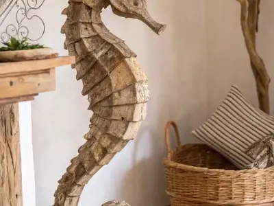 Wooden Seahorse Sculpture 3D Coastal Art Curled Tail Low-poly 3D model