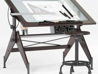 Aries Wood and Glass Drawing Table Retro Drafting Stool 3D model