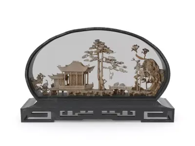 Vintage Asian Carved Cork Diorama Shadow Box  3D model