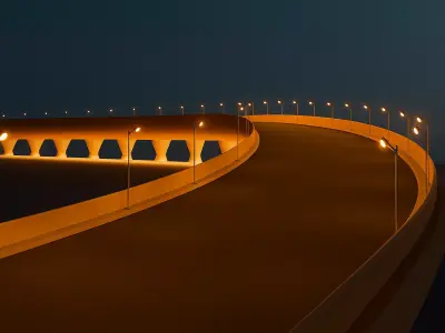 Curved Highway Bridge with Street Lights - Low Poly 3D Model Low-poly 3D model