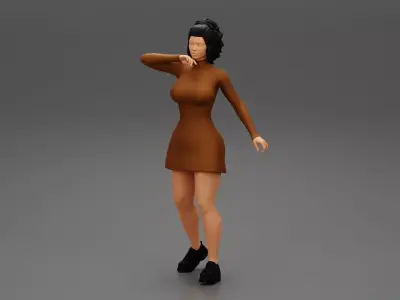 young woman in neck long sleeve dress 3D print model