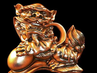 Chinese wooden lion statue 3D model