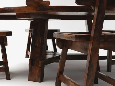 Brutalist Dining Table and Chairs Set Low-poly 3D model
