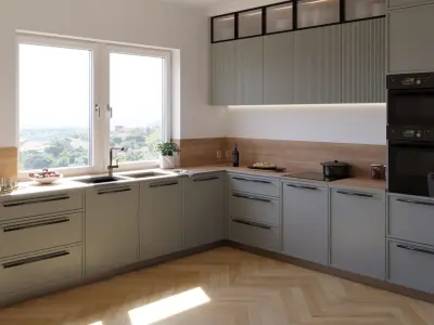 Modern L-shape kitchen grey and wood with dining table and chair 3D model