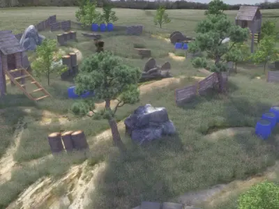 Paintball wooden structure in middle of grassy field 3D model