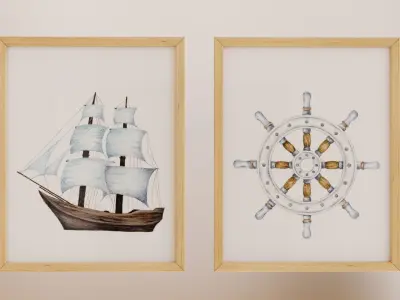 Set of watercolor paintings in wooden frames 3D model