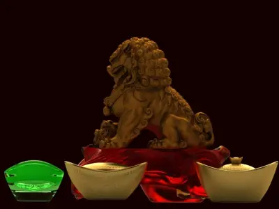 Chinese gold ingot with lion status 3D model