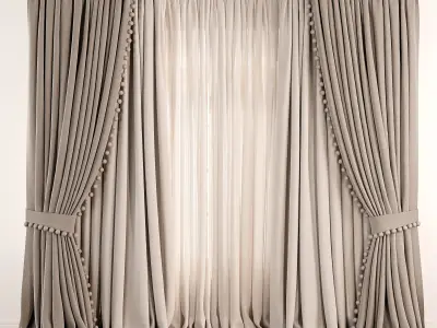 Classic Draped Curtain Set with Pompom 79 3D model