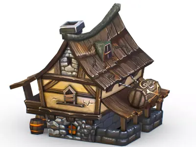 Cartoon Old Bandit Hotel Tovern House Building Low-poly 3D model