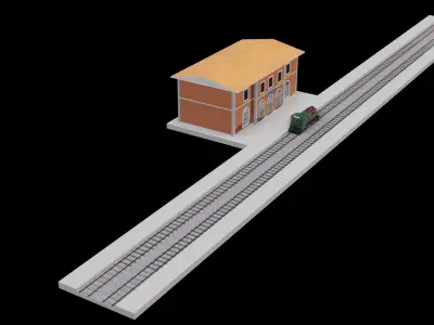 Railway station and diesel locomotive 3D models Low-poly 3D model