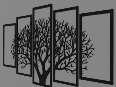 new vintage 5 frame tree panels 3d wooden wall decor Free 3D model