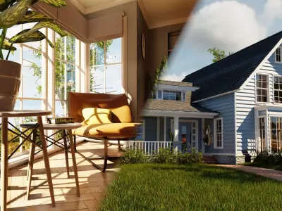 Classic style porch house with furniture Low-poly 3D model