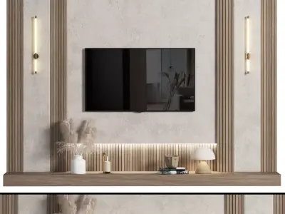 TVWALL025 tv stand with shelves and lights 3D model