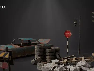 Post-Apocalyptic Road Props Vol 1 - Abandoned Street Low-poly 3D model