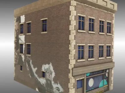 Low Poly Brick building with shop window Low-poly 3D model