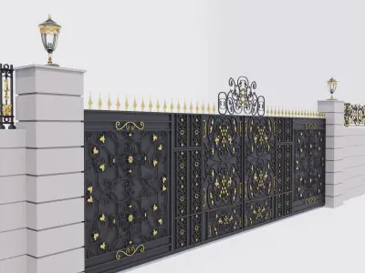 Classic Mansion Style Gate with fence and Wall lamps 3D model