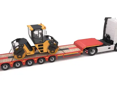 Volvo fh16 and Lowboy Trailer with DD105 Road Roller Compactor 3D model