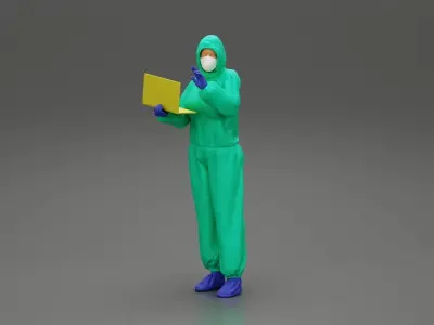 woman wearing antivirus suit standing and holding a laptop 3D print model