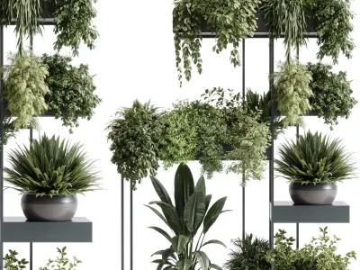 Standing metal shelf with a set of plants in wooden  586 Low-poly 3D model