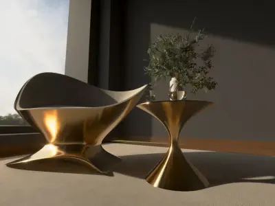 Futuristic Gold Chair and Table Set - Free Form Design 3D model