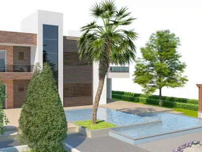 Contemporary House with Yard and Swimming Pool 3D Environment Low-poly 3D model